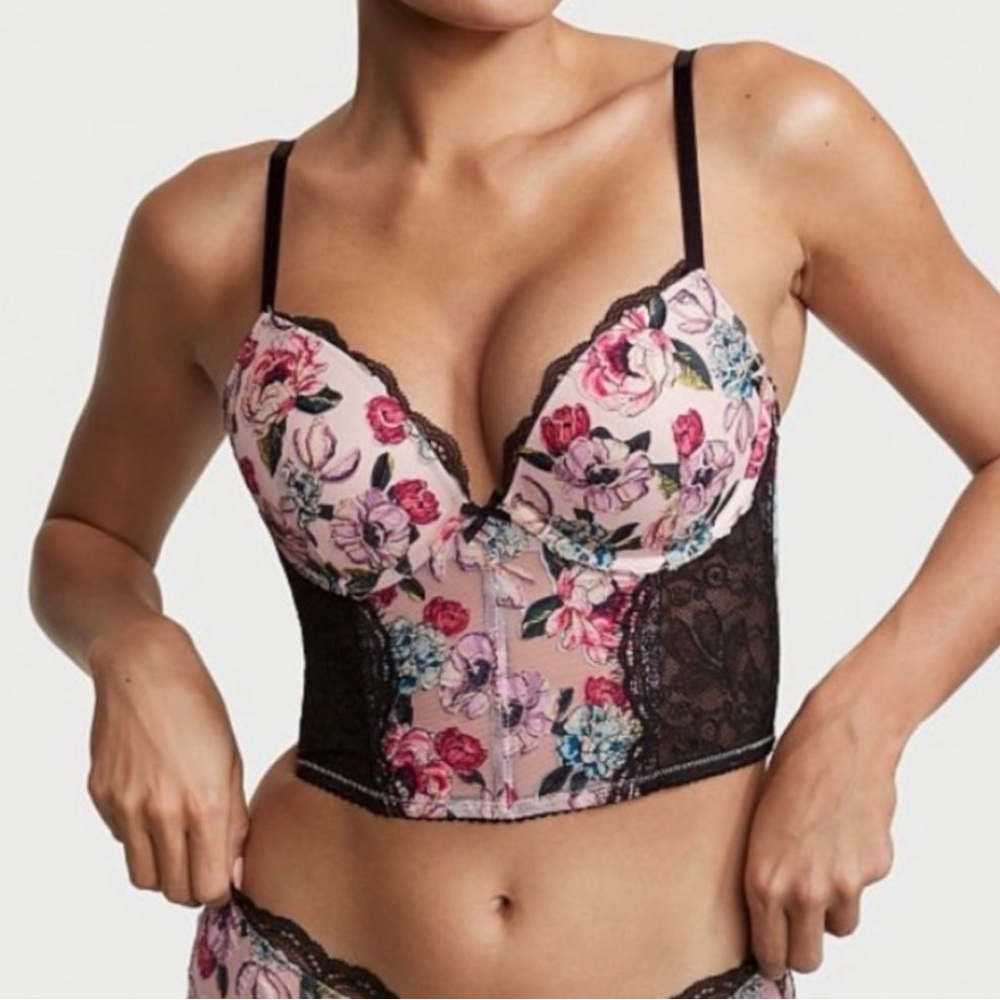 Victoria's Secret Floral‎ Lace Bustier - Pink and Black 32c